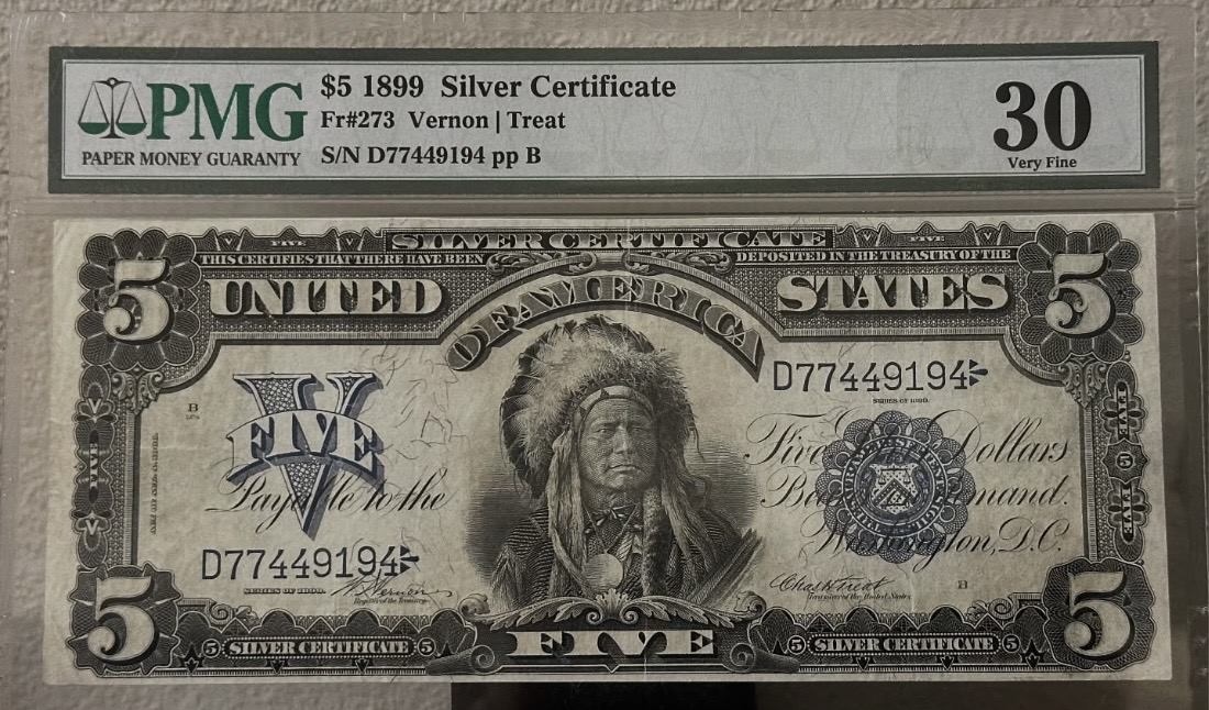 Front of sold note: 1899 $5 Silver Certificate “Chief”