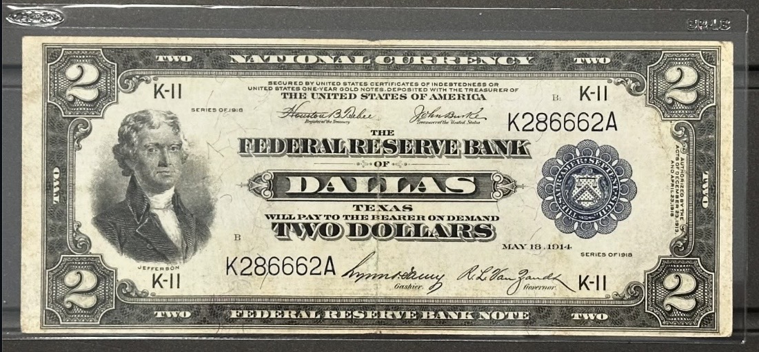 Front of sold note: 1918 $2 Federal Reserve Bank Note “Battleship”