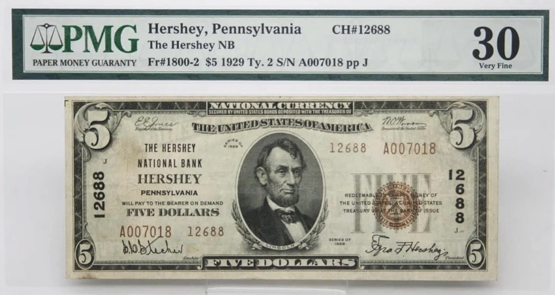 Front of sold note: 1929 $5 · Hershey, Pennsylvania