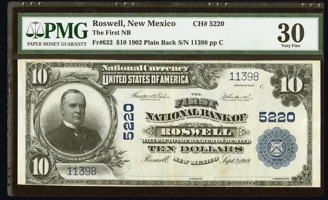 Front of sold note: 1902 $10 · Roswell, New Mexico