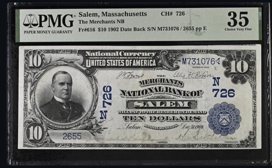 Front of sold note: 1902 $10 · Salem, Massachusetts