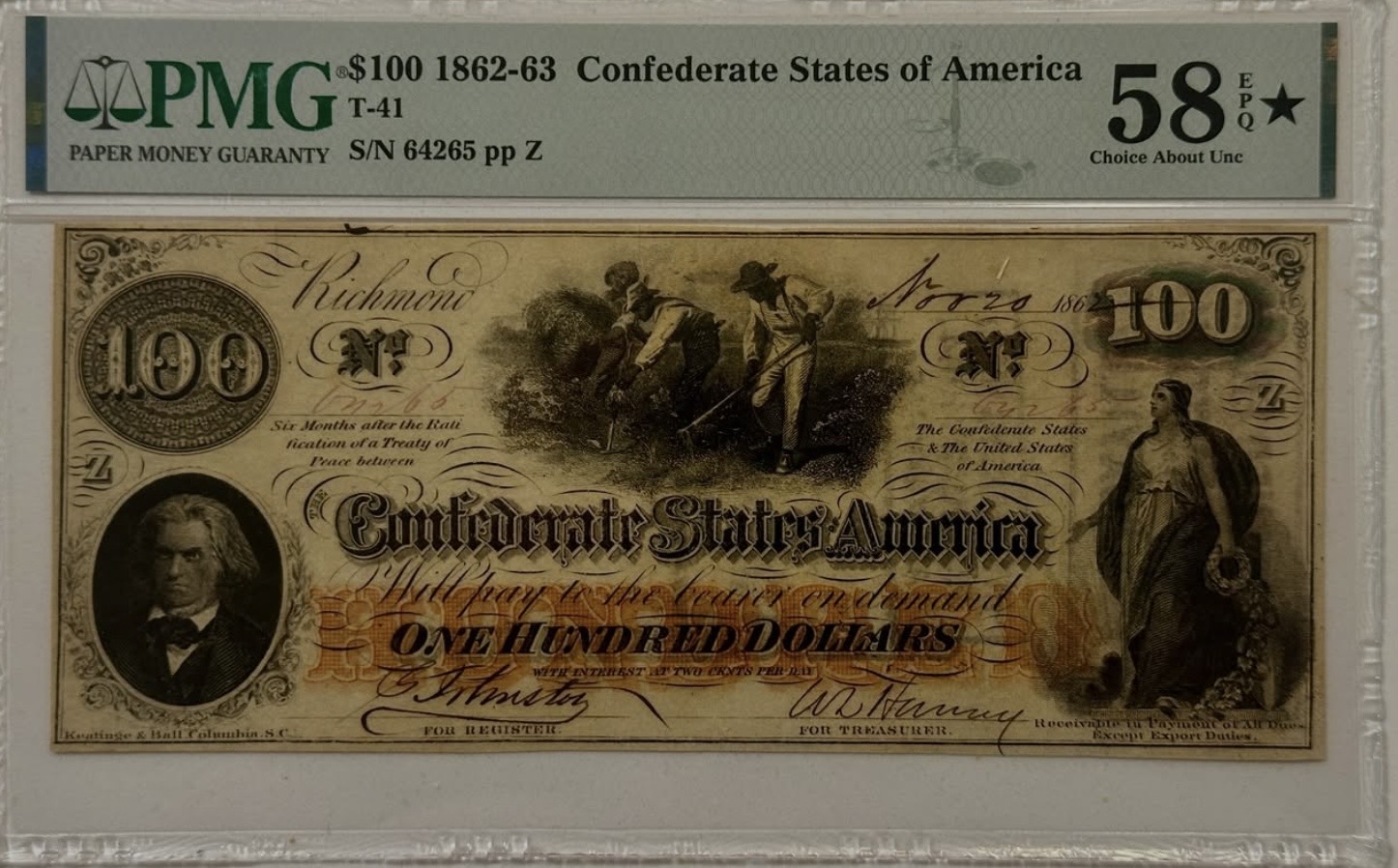 Original photograph of sold Confederate $100 · T-41