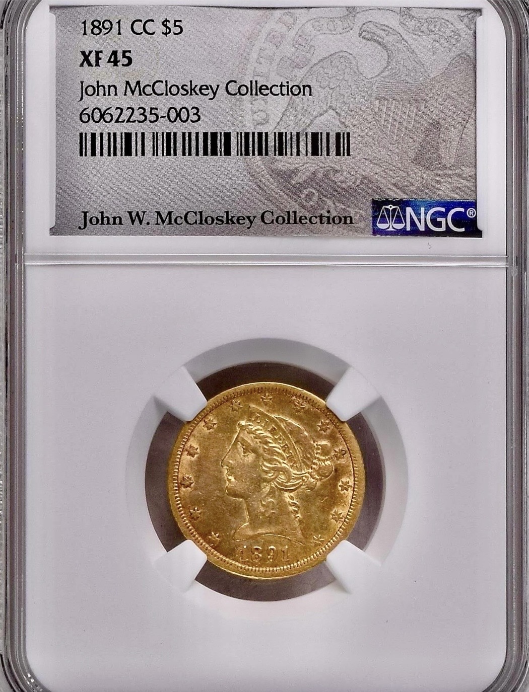 Original photograph of sold 1891-CC $5 Liberty Head Gold Half Eagle