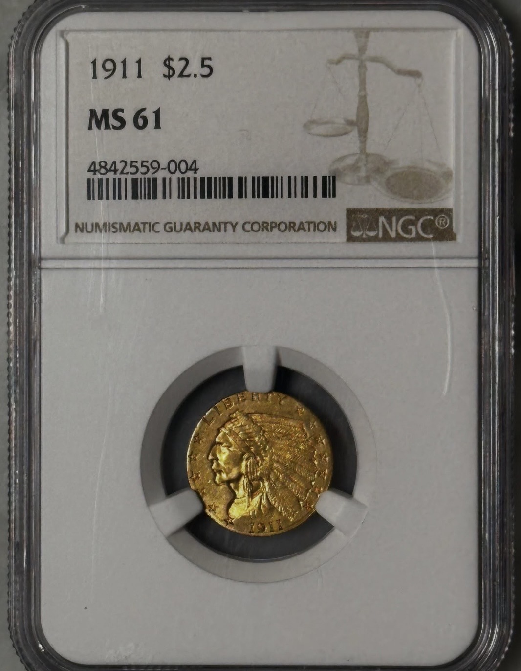 Original photograph of sold 1911 $2.50 Indian Head Gold Quarter Eagle
