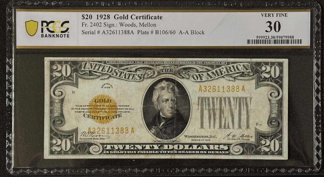 Original photograph of sold 1928 $20 Gold Certificate