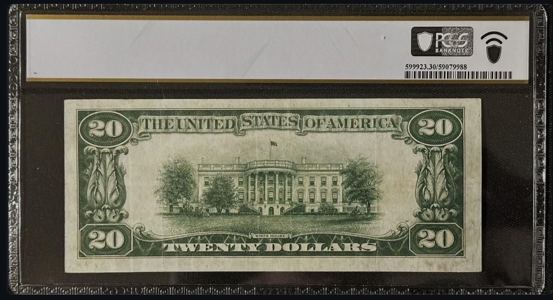 Original back photograph of 1928 $20 Gold Certificate
