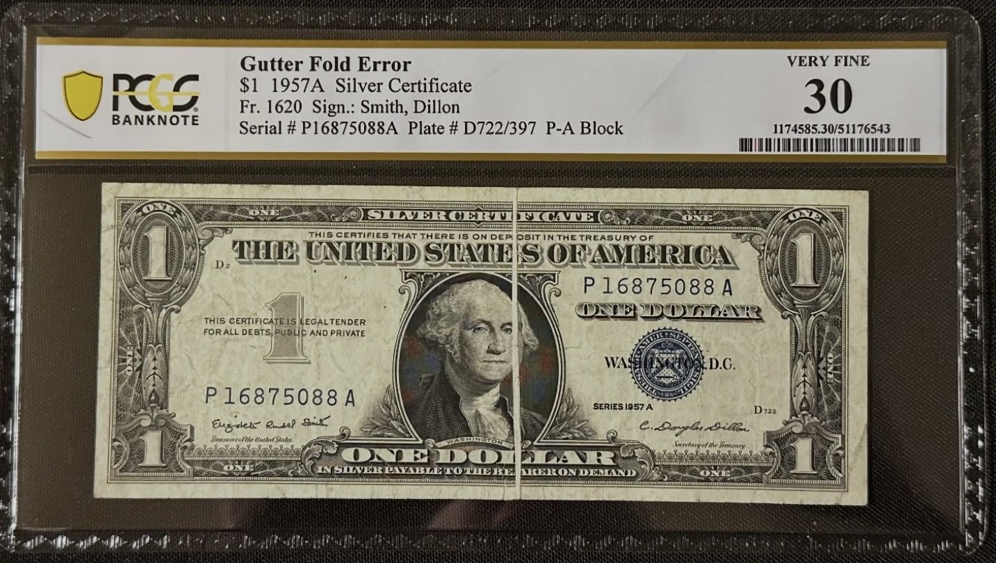 Original photograph of sold 1957A $1 Silver Certificate Gutter Fold Error