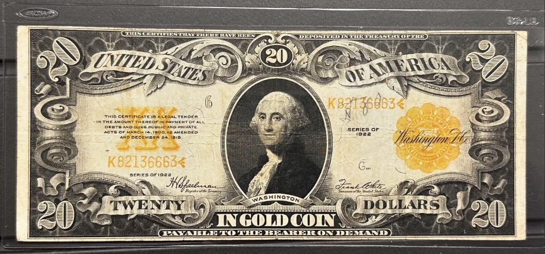 Original photograph of sold 1922 $20 Gold Certificate
