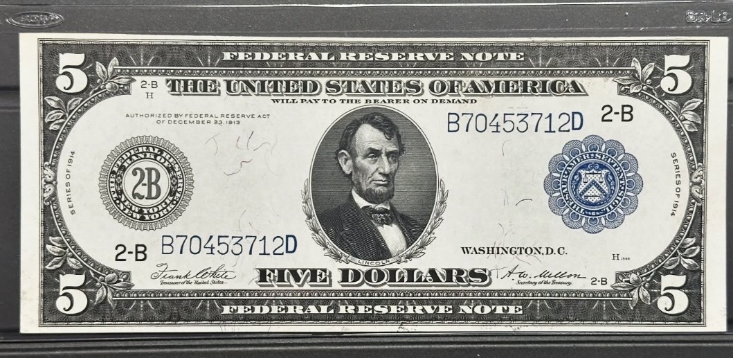 Original photograph of sold 1914 $5 Federal Reserve Note