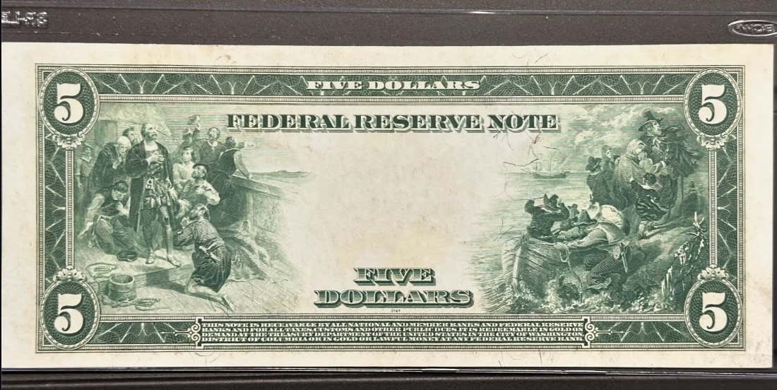 Original back photograph of 1914 $5 Federal Reserve Note