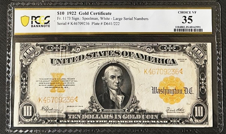 Original photograph of sold 1922 $10 Gold Certificate