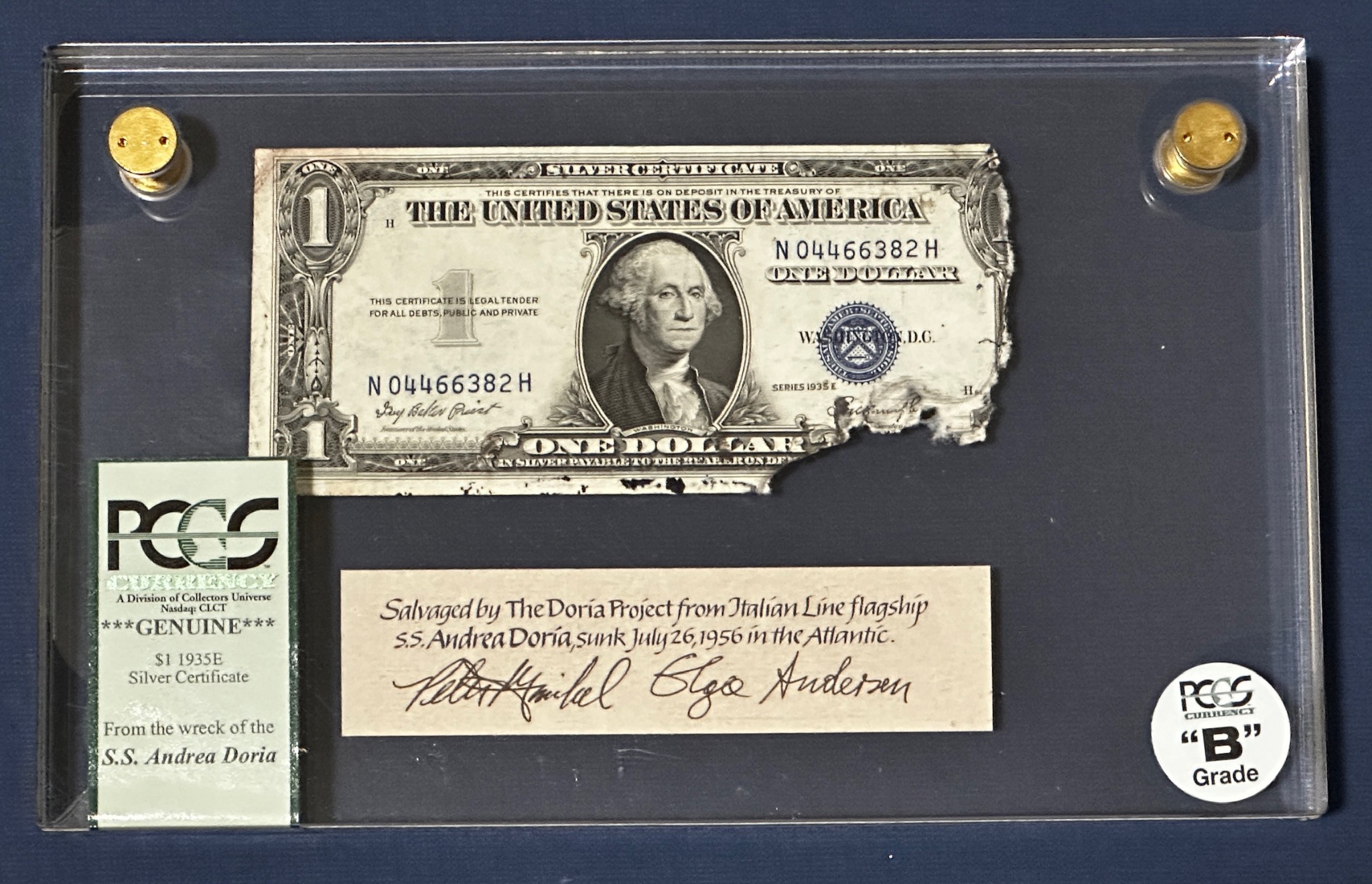 1935E one dollar Silver Certificate recovered from the wreck of the Andrea Doria in its original PCGS Currency presentation holder