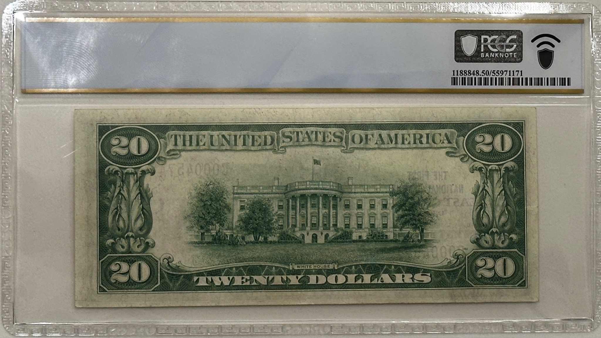 Reverse of the 1929 $20 First National Bank in East Chicago National Bank Note