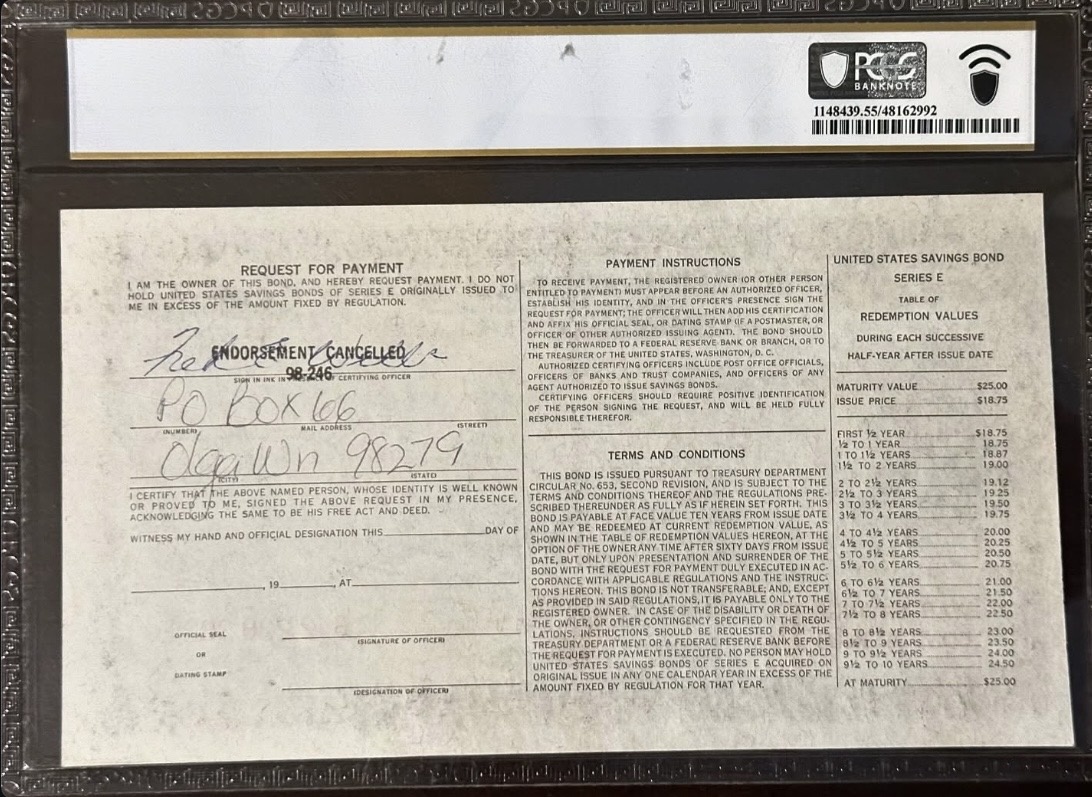 Reverse of the actual 1945 Series E War Savings Bond